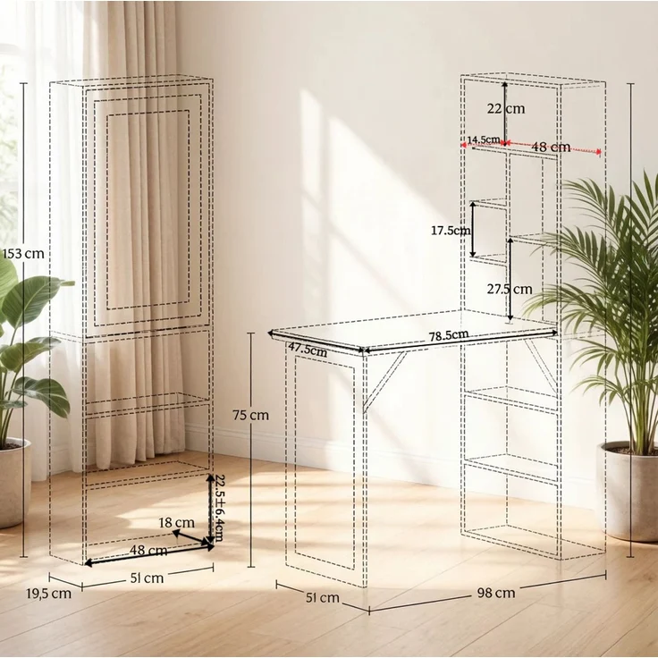 Klappschreibtisch aus MDF mit 9 Fächern und Tafel, 98x51x153 cm, Schwarz/Dunkelgrau – Bild 4
