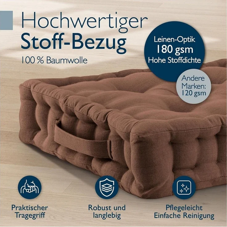 Beautissu Stuhlkissen 2er Set Bodenkissen Sitzkissen Mila, 50x50cm, Braun, Matratzenkissen 10cm, 100% Baumwolle Stuhlkissen Indoor & Outdoor – Bild 4