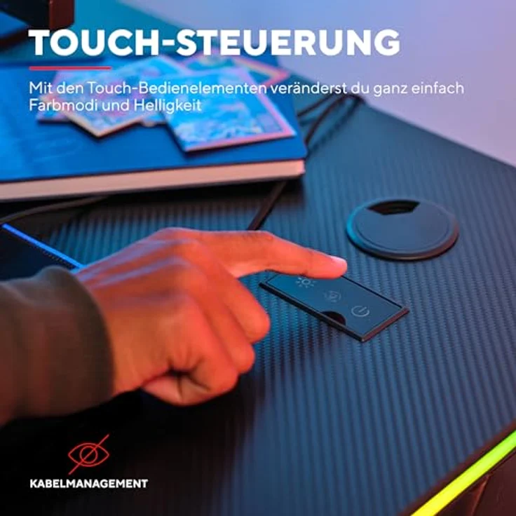 Trust Gaming GXT 709 Luminus RGB Gaming Tisch mit LED Beleuchtung, 10 Modi, USB-Betrieb, Gaming Schreibtisch mit Headset und Getränkehalter, Computertisch 120x60 für Büro, Gamer - Schwarz – Bild 6