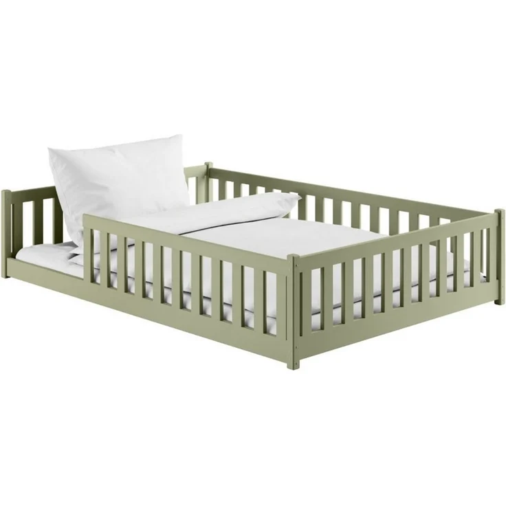 Kids Collective Kinderbett Bodenbett Bett mit Rausfallschutz & Lattenrost Montessori Bett Kinder (weitere Größen 80x160, 80x180, 90x190, 90x200, 120x200 cm), Jugendbett Einzelbett optional mit Matratze Olivgrün Kiefer 140x200 cm – Bild 2