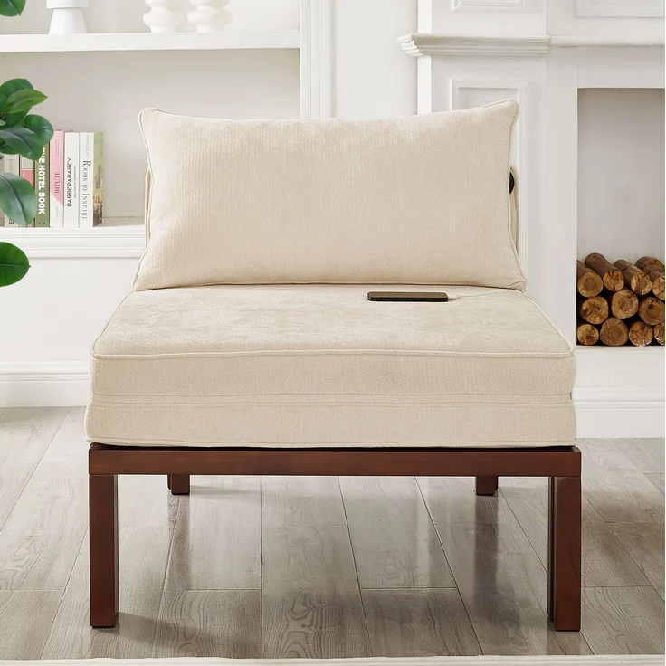 Schlafsessel, Samt, ausziehbar mit USB-Anschluss Typ C, 176cm×82cm×79cm, Beige – Bild 2