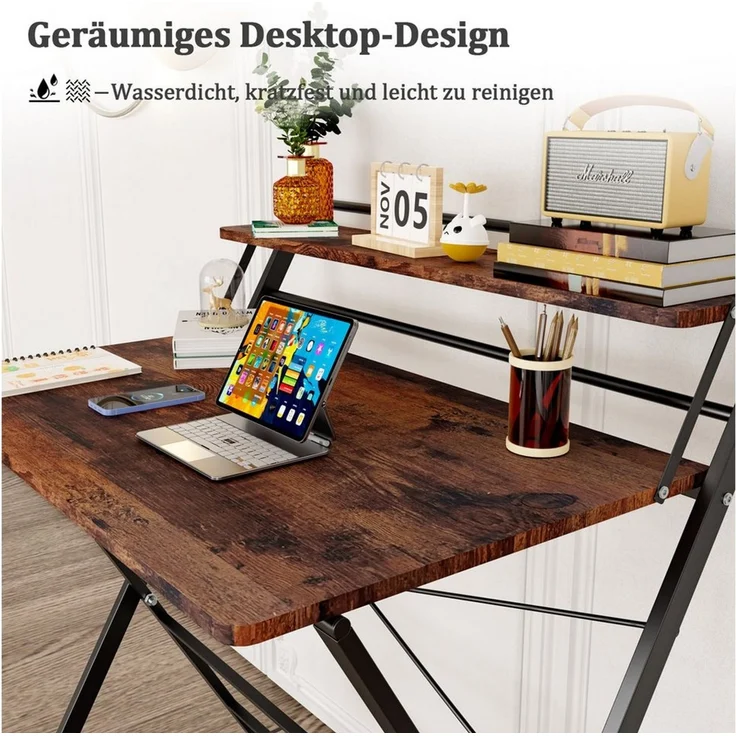 JEOBEST Computertisch Klappbarer Schreibtisch mit Regal, Home Office, kleiner Arbeitstisch 80 x 50 x 107cm – Bild 3