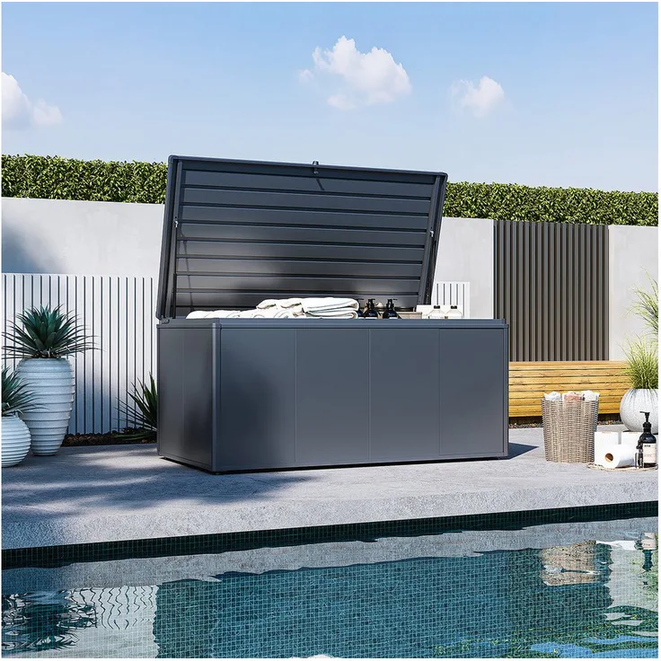 Weide Noble Gartenbox 1400 L, wetterfeste Aufbewahrungsbox aus verzinktem Stahl in Anthrazit mit Gasdruckfedern
