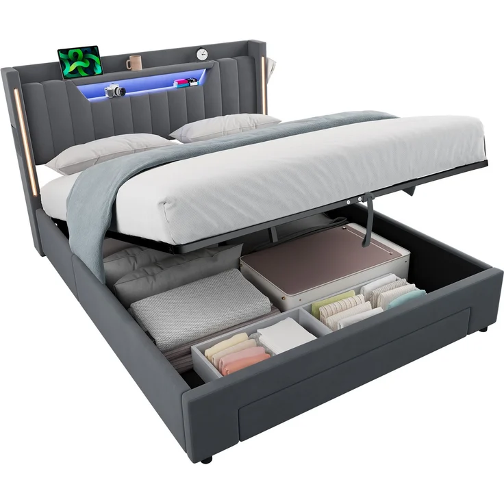Polsterbett 140x200 cm mit LED-Beleuchtung, Ladestation und Stauraum – Ohne Matratze – Bild 7