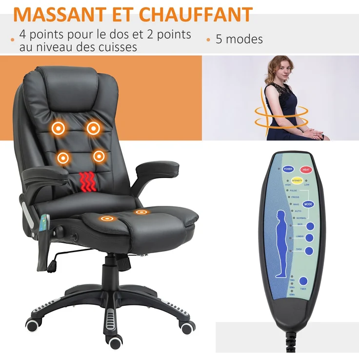 Elektrischer Massagesessel mit Heizfunktion, ergonomischer Bürostuhl mit schwarzem Kunstlederbezug – Bild 6