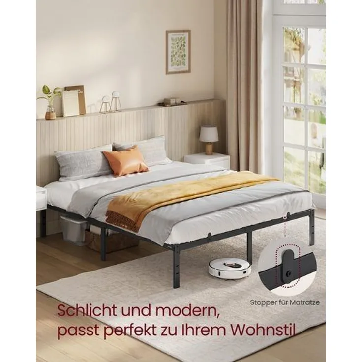 VASAGLE Doppelbettgestell, Bett, 160 x 200 cm, Metallbett, Bettrahmen, Unterbettaufbewahrung, modern, Gästebett, einfacher Aufbau, tintenschwarz RMBDE135B01