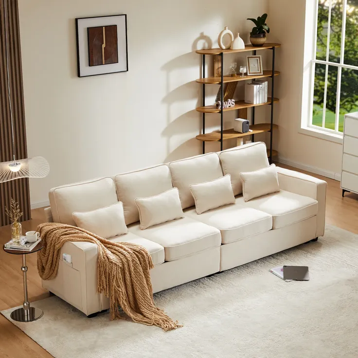 Big-Sofa, 264 cm, 4-Sitzer inkl. loser Zier- und Rückenkissen, Leinen Bezug, Polstersofa, Wohnzimmersofa