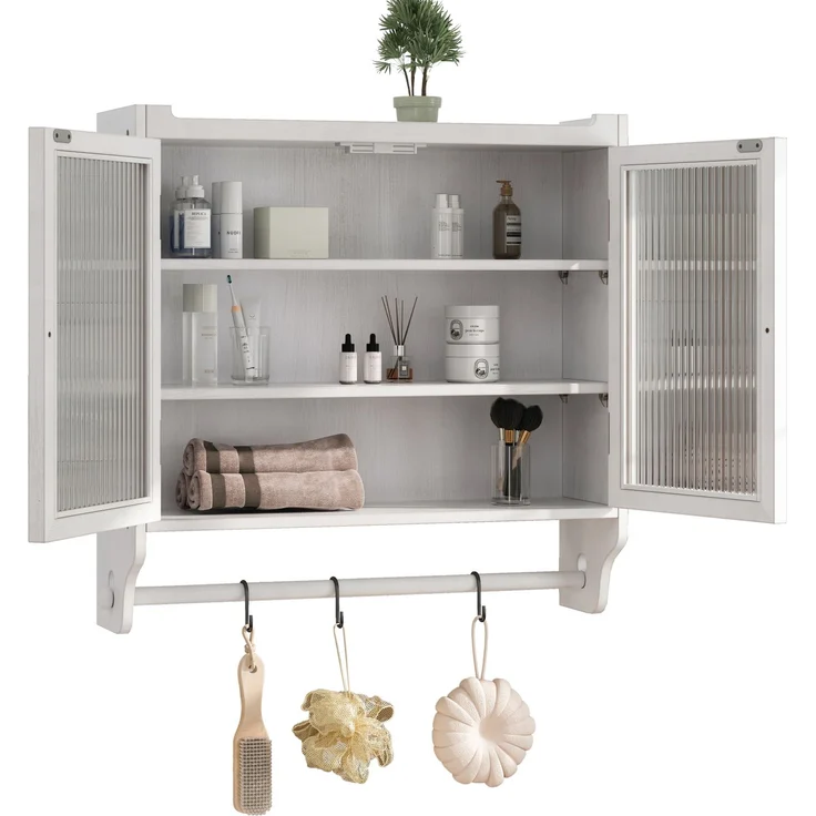 DESVIAE Regal als Wandschrank mit Glastüren und 3 Stauebenen, 63x60x18 cm, Massivholz, MDF und Glas, Weiß – Bild 7