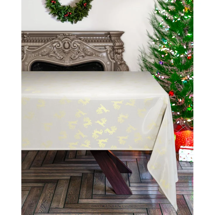Emma Barclay Weihnachtstischdecke, rechteckig, maschinenwaschbar, Weihnachts-Tischdecke, cremefarben mit goldfarbenem Rentier-Design, 152 x 213 cm