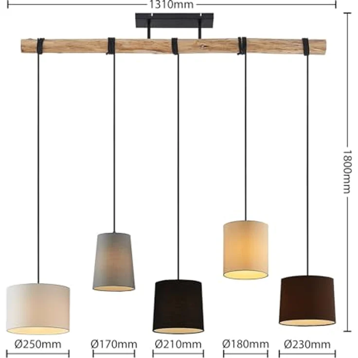 Lindby Pendelleuchte 'Amilia', Holzlampe mit 5 E27 Fassungen, Schwarz, Grau, Beige, Braun, Weiß, 125x25 cm, ideal für Esszimmer und Wohnzimmer – Bild 5