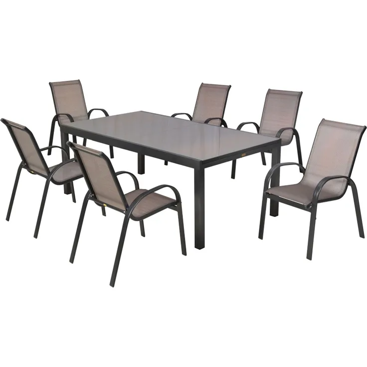 Amalfi Gartenmöbel Set 7tlg, 6 Stapelsessel, Semi Ausziehtisch 200 (300) x 110 cm, graphit/diamant, Aluminium/Textil