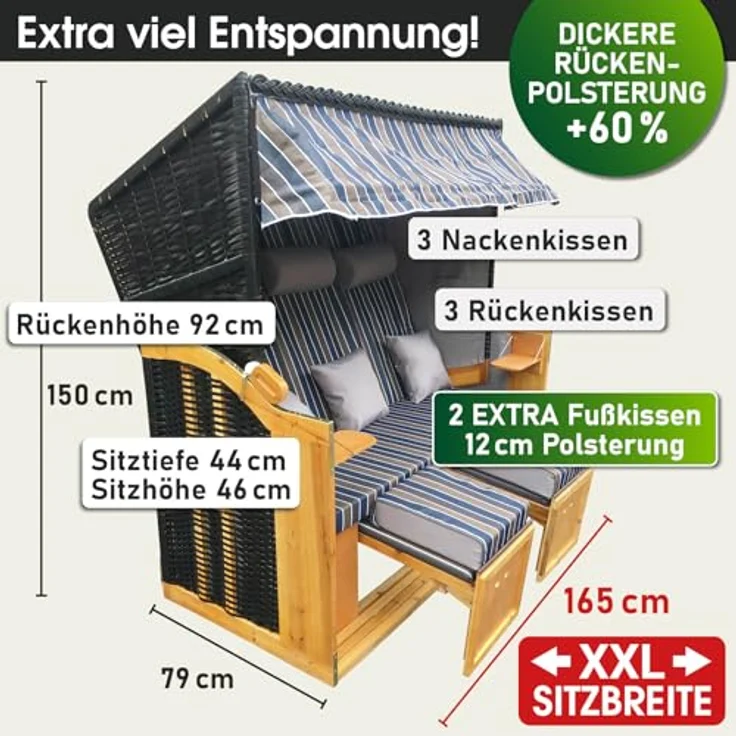BRAST® Strandkorb Usedom 3-Sitzer XXL für 2-3 Personen | 165cm breit | 5 Designs | inkl. wetterfeste Abdeckhaube | verstellbare Rückenlehne Fußkissen | Braun/Blau - gestreift – Bild 2