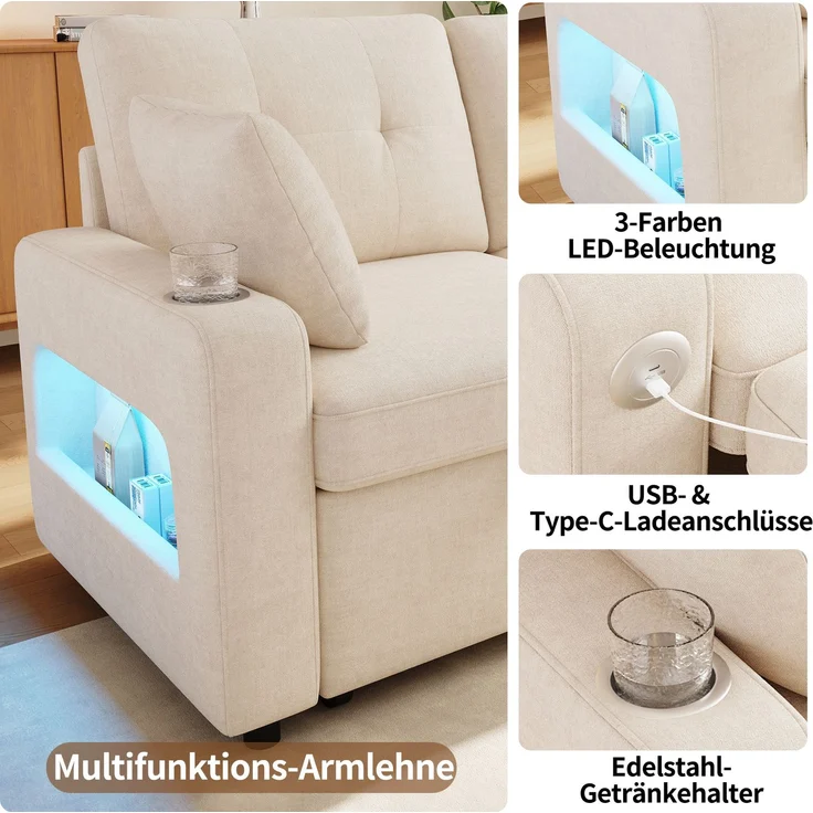 Schlafsofa 141,5x131x83,5 cm in Beige mit Schlaffunktion, LED und USB-Anschluss – Bild 6