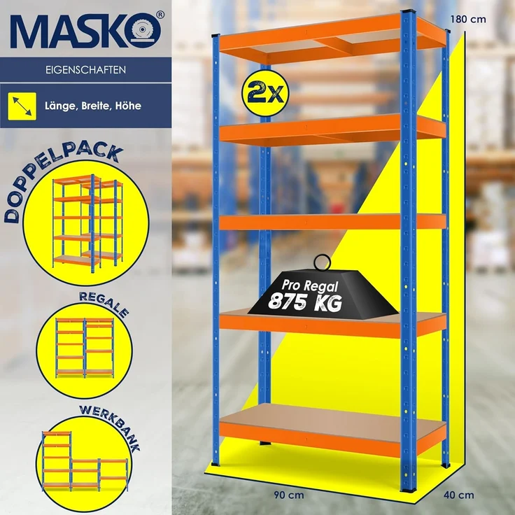 Masko 2er-Set Lagerregal Schwerlastregal, 5 verstellbare Ablagen, Metall orange / blau, 180 x 90 x 40 cm – Bild 7