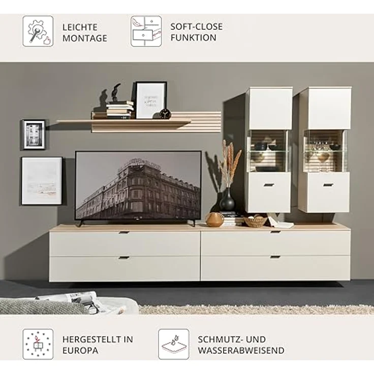 Stella Trading INA Wohnwand Komplett-Set in Kaschmir, Riva Eiche Optik FSC-Zertifiziert - Moderne Schrankwand 5-teilig mit LED-Beleuchtung für Ihr Wohnzimmer - 280 x 185 x 44 cm (B/H/T) – Bild 7