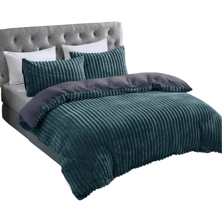 Plüsch Bettwäsche in Cord-Optik Wendebettwäsche mit Reißverschluss Anthrazit-Grün 200x200 cm