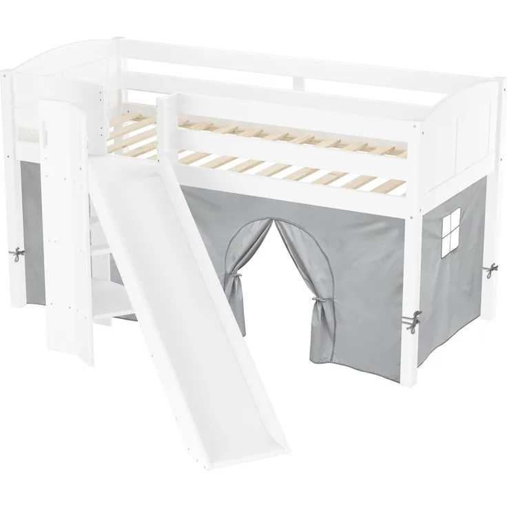 Schönes Spielbett für Kinder mit Rutsche 90x200 Kiefer weiß V-60.21W-09mit Vorhang grau