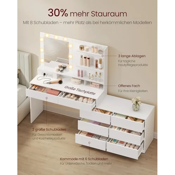 VASAGLE Kailyn Kollektion - Schminktisch mit Spiegel und LED-Beleuchtung, Frisiertisch 9 Glühbirnen, 8 Schubladen, 3 Ablagen, 3 Lichtfarben, gerade oder L-förmig, wolkenweiß RDT140WB01 – Bild 5