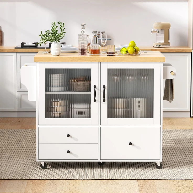 Merax Kücheninsel mit Rollen und ausziehbarem Esstisch, Küchenwagen mit Weinglashalter und Stauraum, Ideal für Küche und Esszimmer (Weiß) – Bild 3