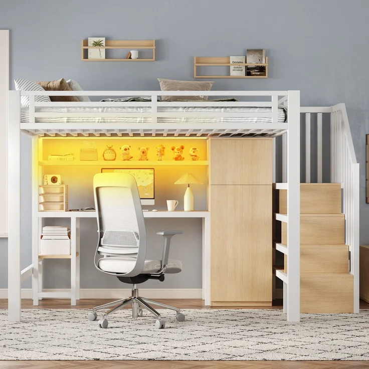 Hochbett mit RGB LED-Streifen, Schreibtisch, Treppe, Regal, Lattenrost und Kleiderschrank, 140x200 cm, Kinderbett mit Rausfallschutz, Metallbett – Bild 2