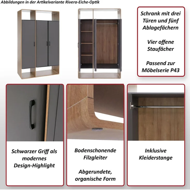Schrank HWC-P43, Garderobenschrank Kleiderschrank Highboard 3 Türen MDF 200x120x55cm ~ Rivera-Eiche-Optik, dunkelgrau – Bild 2