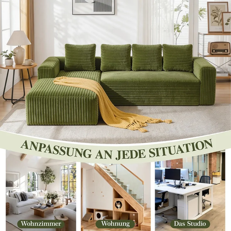ZUBALIYA Sofa, modular kombinierbar, H 58 × T 168 × B 261 cm, Grün, Cord – Bild 16