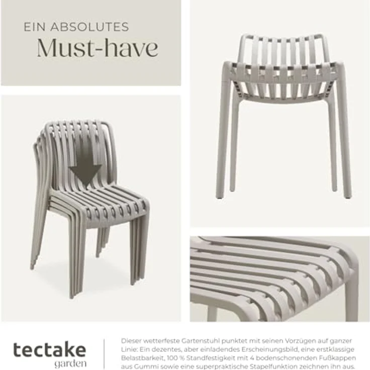 tectake Gartenstuhl Balkonstuhl, stapelbar, Belastbarkeit 110 kg, 47 x 58 x 80,5 cm (Terrassenstuhl Alcudia für Außen in Taupe, 2 St), wetterfest und UV-beständig, pflegeleicht, rutschfeste Gummischoner – Bild 8