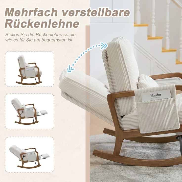 LVHOM Schaukelstuhl mit ausziehbarer Fußstütze, Relaxsessel mit verstellbare Rückenlehne, Loungesessel mit Seitentasche, bis 150 kg belastbar, Beige – Bild 4