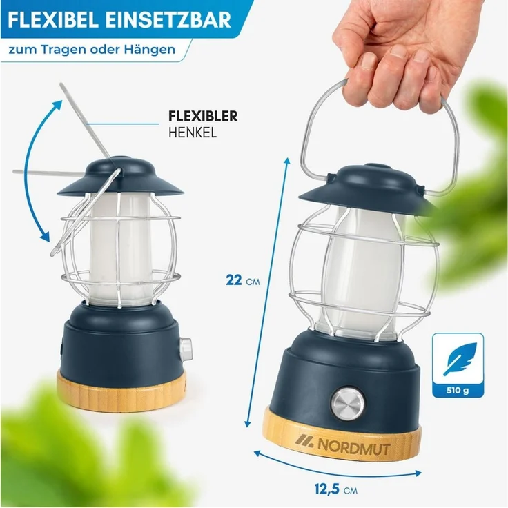 Nordmut Außen-Tischleuchte Campinglampe LED Akku aufladbar, 5200 mAh Powerbank, dimmbar, USB, LED fest integriert, Warmweiß, Tageslichtweiß, 200h Leuchtdauer, IPX4 wetterfest, Zeltlampe, Outdoor, Camping Licht – Bild 2