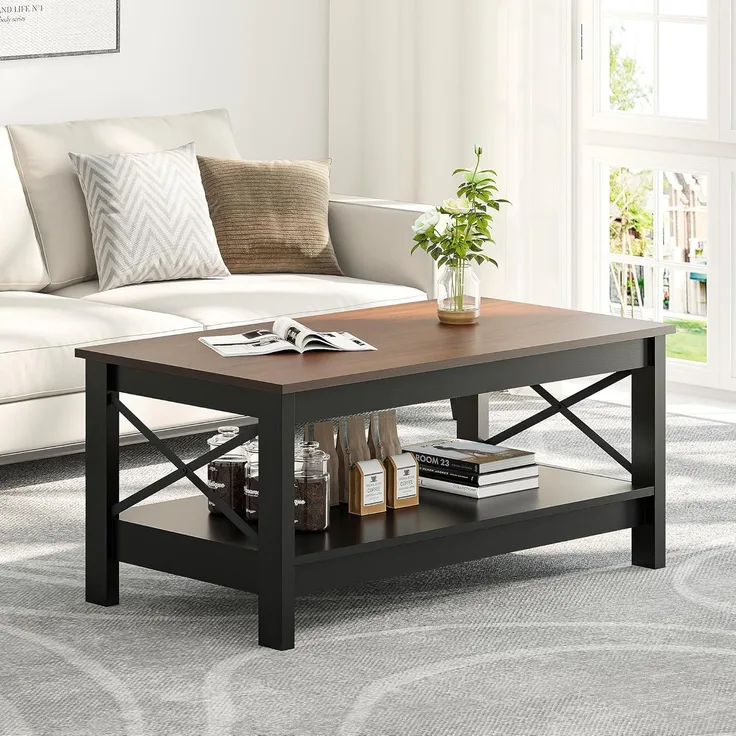 YITAHOME Couchtisch, Wohnzimmertisch, 2-stöckiger Dicker Holz Rechteckiger Couchtisch, X-Form Metal Side Support, Stabil 100 x 55,3 x 45cM (Braun)