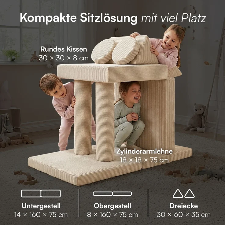 Bellabino 'Nile' Spielsofa mit Kissen und Armlehnen, 8-tlg, Cord, beige, faltbare Kindercouch, abnehmbarer & waschbarer Bezug, Kindersofa aus Schaumstoff – Bild 9