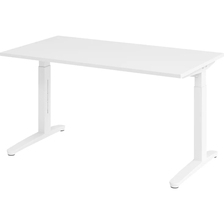 bümö manuell höhenverstellbarer Schreibtisch 140x80 in weiß, Gestell in weiß - PC Tisch höhenverstellbar & klein, höhenverstellbarer Tisch Büro, kleiner Computertisch verstellbar, X14-W-WW – Bild 1