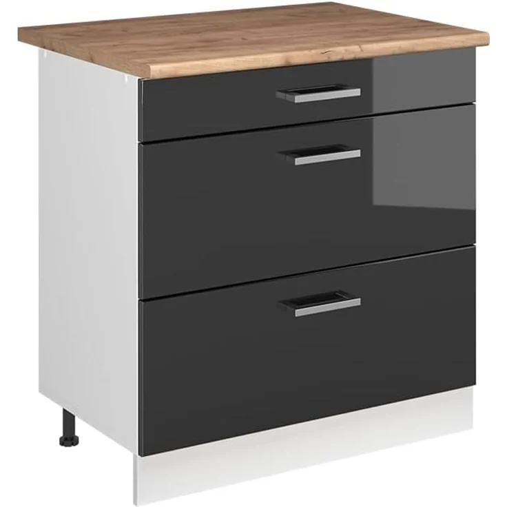 Küchenunterschrank R-Line Anthrazit Hochglanz/Weiß 80 cm mit 3 Schubladen Arbeitsplatte Goldkraft Eiche Vicco – Bild 1