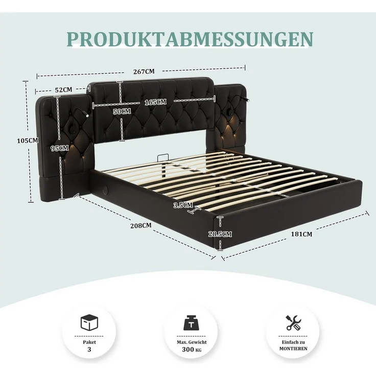 LVHOM Boxspringbett 160x200cm/180x200cm Bettgestell, Samt/PU, diamantgeprägtem Knopf-Design (Kunstlederbett, gepolsterter stabiler Metallrahmenkonstruktion mit flexiblen Nachttischlampe, USB-Ladeanschlüssen, Bettkasten, hydraulischem Stauraum-System, f... – Bild 2