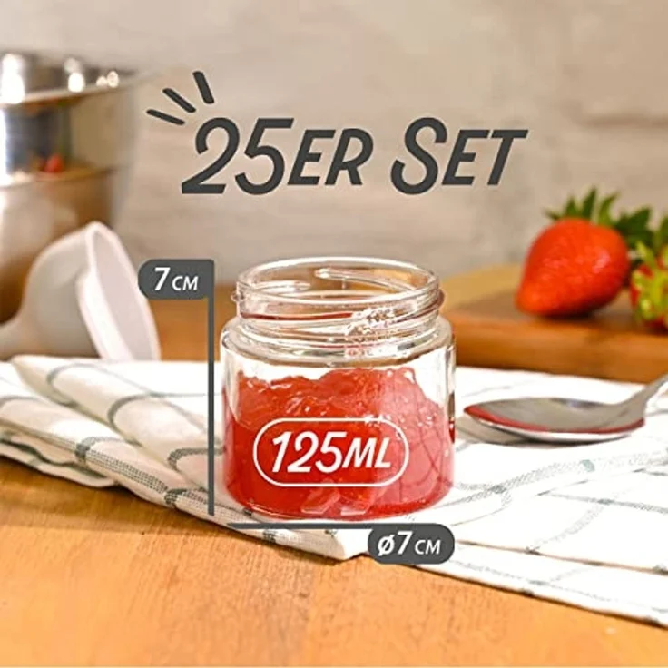 Praknu Einmachglas 25 Marmeladengläser Klein 125ml - Mit Etiketten & Stift - Luftdicht, Glas, (Set, 25-tlg), mit Deckel und Etiketten - Luftdichte Einmachgläser zum verschenken – Bild 3