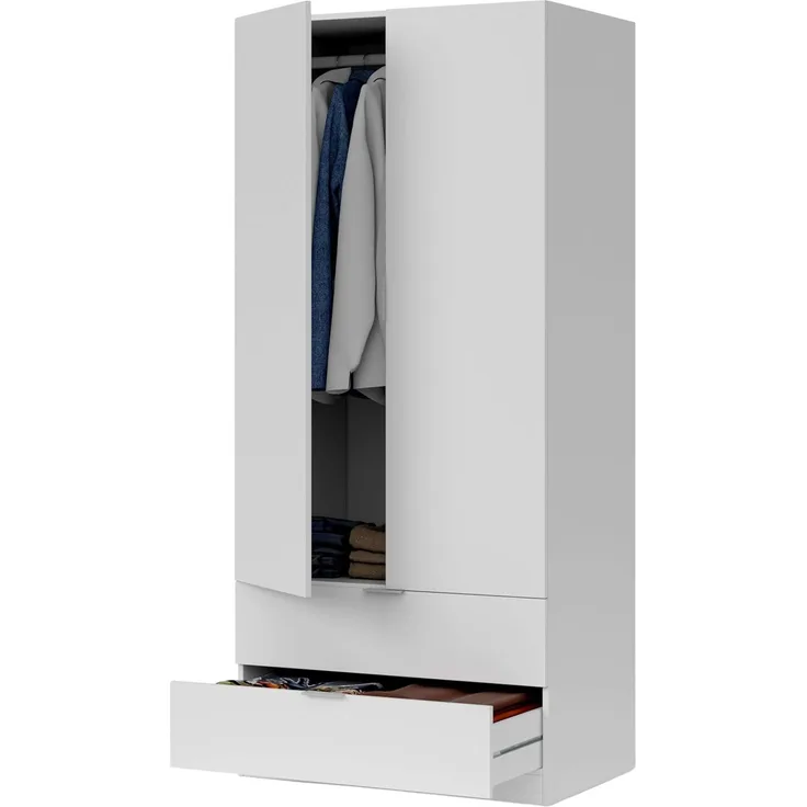 Habitdesign Kleiderschrank mit zwei Flügeltüren und zwei Schubladen, Farbe weiß, Maße 81,5 x 180 x 52 cm