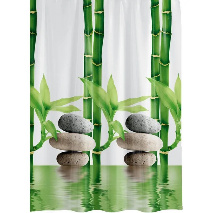 Ekershop Duschvorhang Textil "Bambus mit Stein" Grün Weiß für Duschstange Breite 120 cm, Höhe 200 cm, wasserabweisend, inkl. Ringe, waschbar, bügelbar