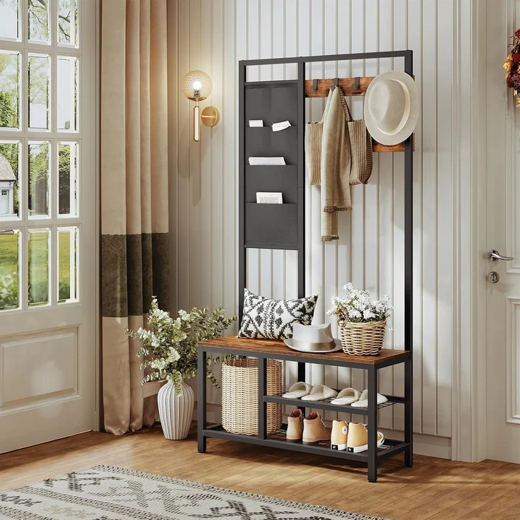 Garderobenständer mit Sitzbank, 9 Haken, 6 Taschen, 2 Schuhregale, Vintage – Bild 2