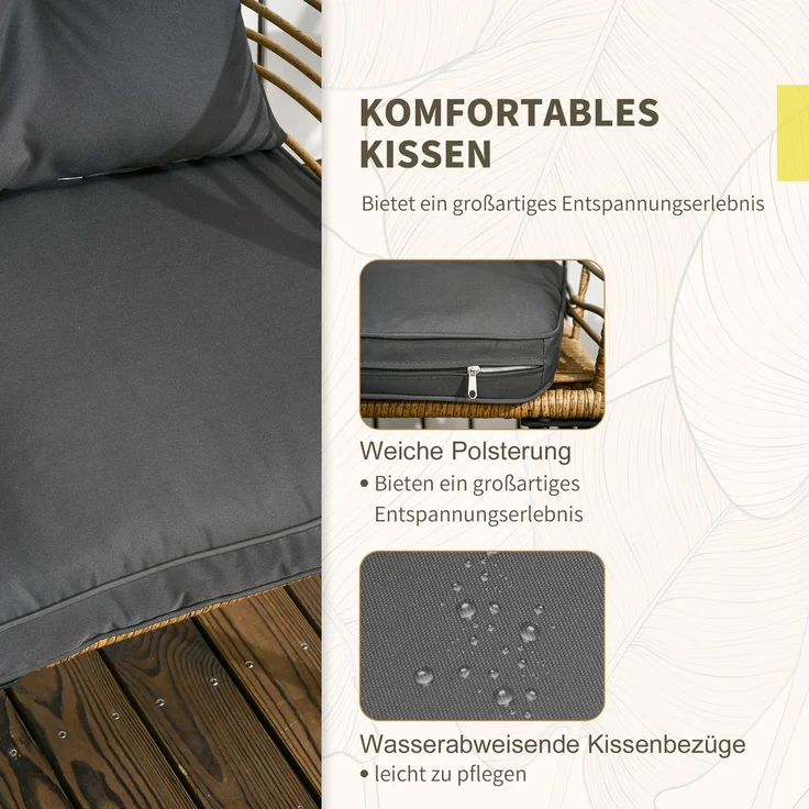 Flieks Gartenmöbel Set 3-tlg mit 2 Stühlen, Couchtisch & Kissen, Outdoor Balkonmöbel Set für 2 Personen, Rattan, Grau – Bild 5