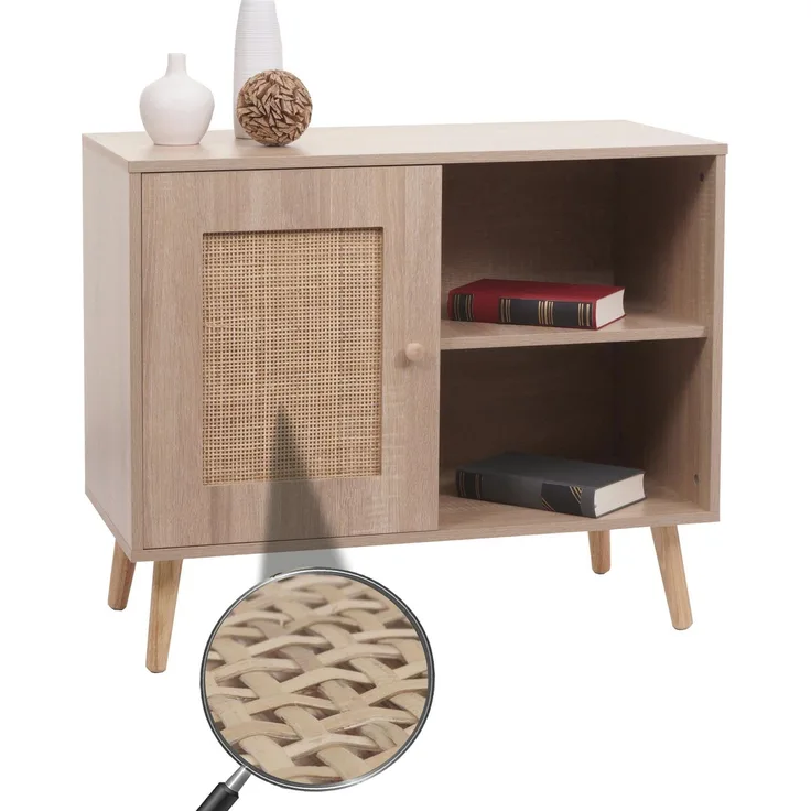 Kommode HWC-M39, Schrank Highboard, Staufach, Kubu Rattan Holz Melamin, 67 x 80 x 38 cm Eiche-Optik