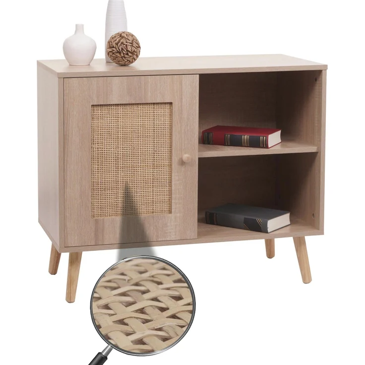 Kommode HWC-M39, Schrank Highboard, Staufach, Kubu Rattan Holz Melamin, 67 x 80 x 38 cm Eiche-Optik – Bild 1