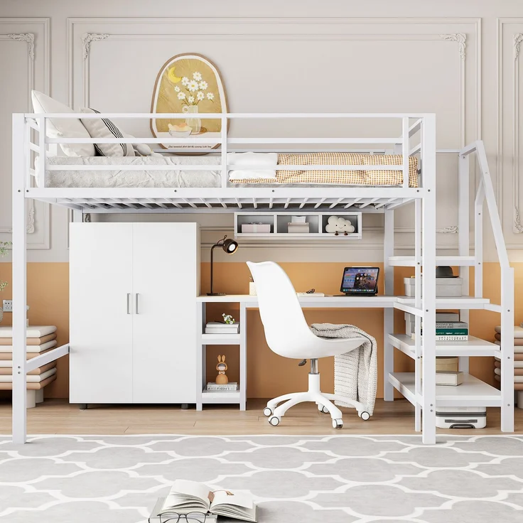 Hochbett 140 × 200 cm, integrierter Schreibtisch, Kleiderschrank, offene Regale und Ablageleiter, platzsparendes Design, Weiß – Bild 2