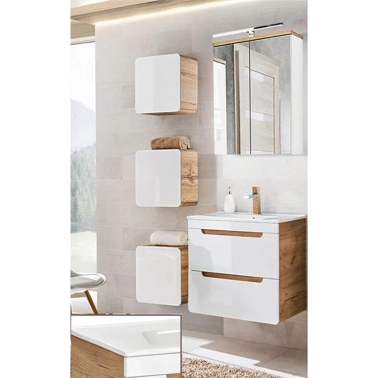 Badmöbel Set Hochglanz weiß mit Wotan Eiche Nb. LUTON-56 mit 61 cm Waschtisch und LED-Spiegelschrank, B/H/T ca. 110/200/46 cm – Bild 1
