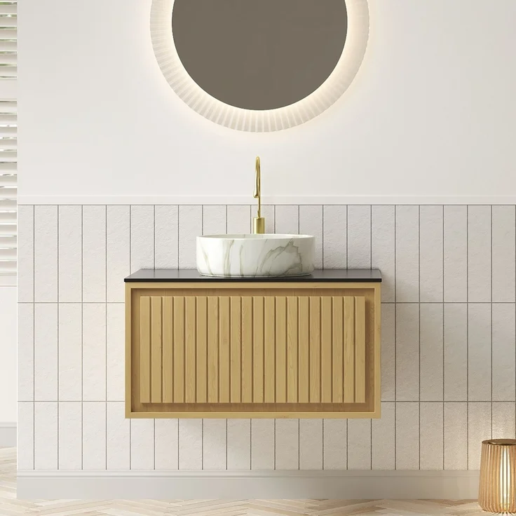 Hängender Waschtisch mit Keramik-Aufsatzbecken & Sintersteinplatte, 76x48x53,1 cm, Schwarz/Goldene Eiche/Steinweiß – Bild 1