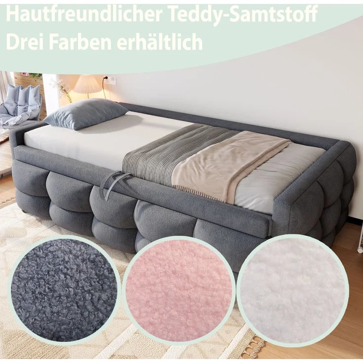 ZUBALIYA Schlafsofa 90x180 cm, ausziehbare Liegefläche, Lattenrost, Leiter, mit Teddy-Stoffbezug, Grau, ohne Matratze – Bild 6