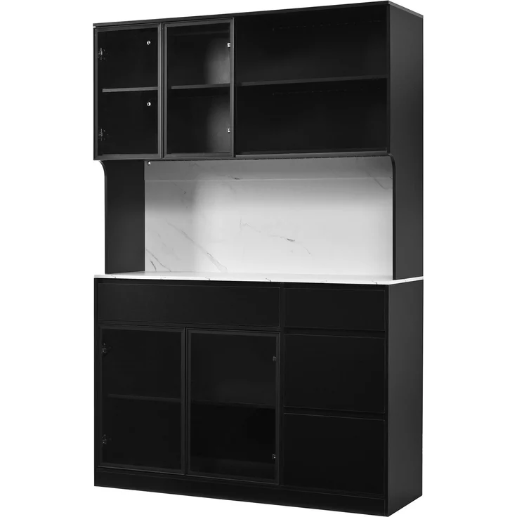 ZUBALIYA Vitrine, mit Schubladen, mit Stauraum, mit LED-Beleuchtung, H 180 × T 40 × B 120 cm, Schwarz / Weiß, MDF – Bild 9