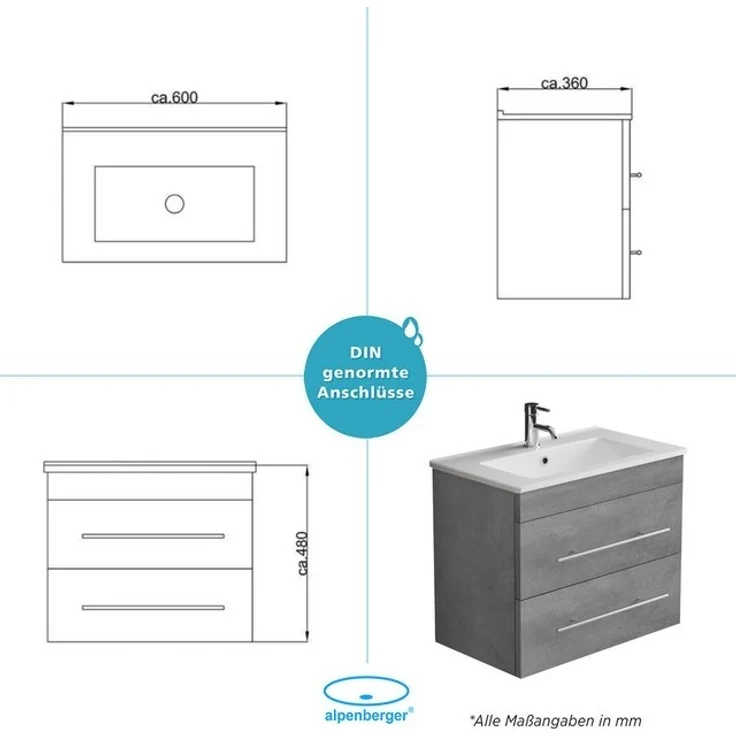 Alpenberger Badmöbel-Set Waschbecken mit Unterschrank - Waschbeckenunterschrank mit Schubladen, (Badezimmerschrank - Grau, Schrank Badschrank - 60 cm), Gäste WC & Badezimmer Set - Waschtisch mit Nano – Bild 4