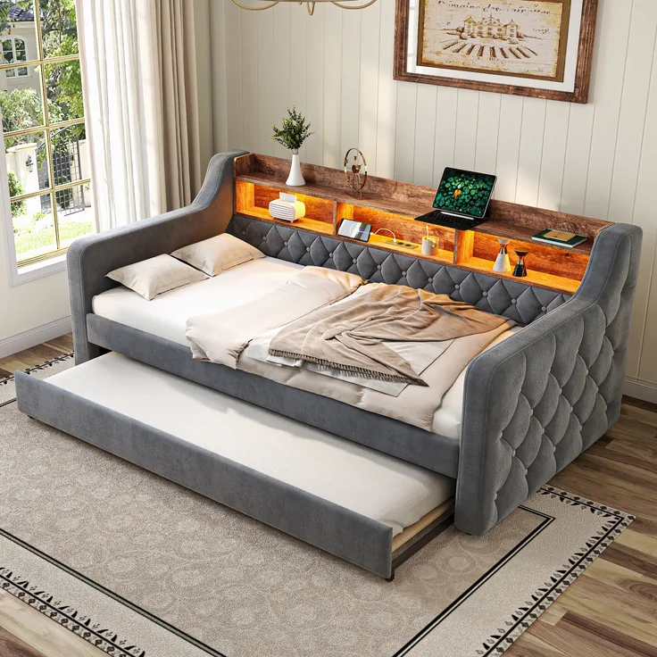 Platzsparendes Sofa-Bett, Aus Samt mit Stauraum, LED-Ambiente & USB-C-Anschluss, 12 Lattenroste & stabiler Metall-Holz-Rahmen, Gray, 90 x 190 cm