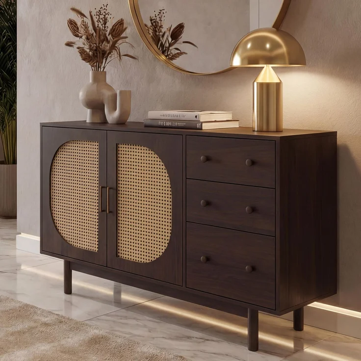 Sideboard HWC-P52, Schrank Kommode Highboard, Schubladen Staufächer, Poly-Rattan MDF Melamin 80x120x40cm ~ Walnuss-Optik – Bild 1