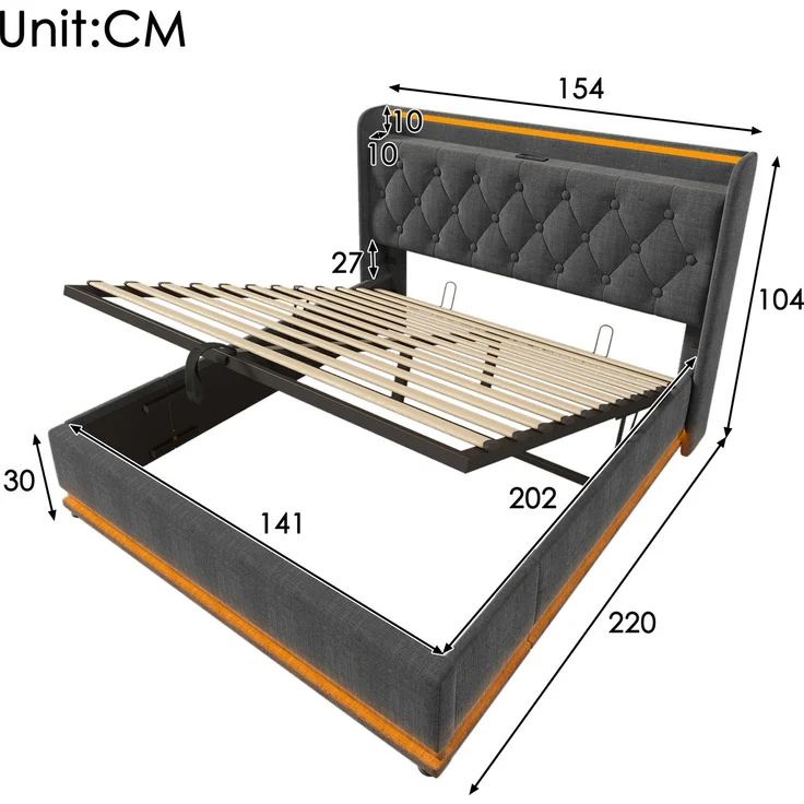 Polsterbett Leinen mit LED, USB-Anschluss & Stauraum, 140x200 cm, Grau, mit Matratze – Bild 7